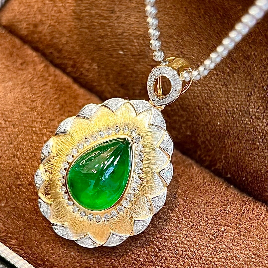 14k Gold 2.98 Ctw Natural Emerald & Diamond Pendant( Without Chain ) - 6