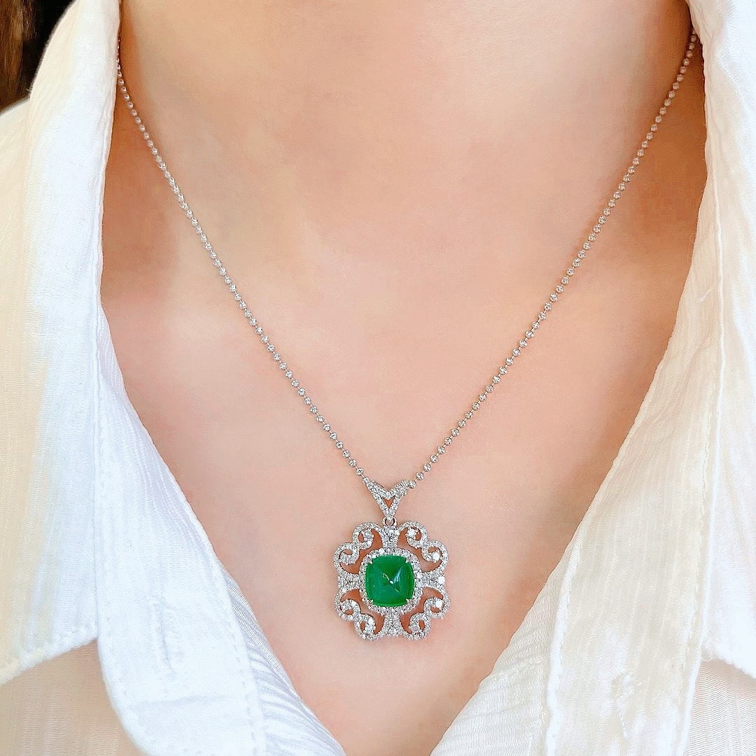 14k Gold 4.06 Ctw Natural Emerald & Diamond Pendant( Without Chain ) - 9