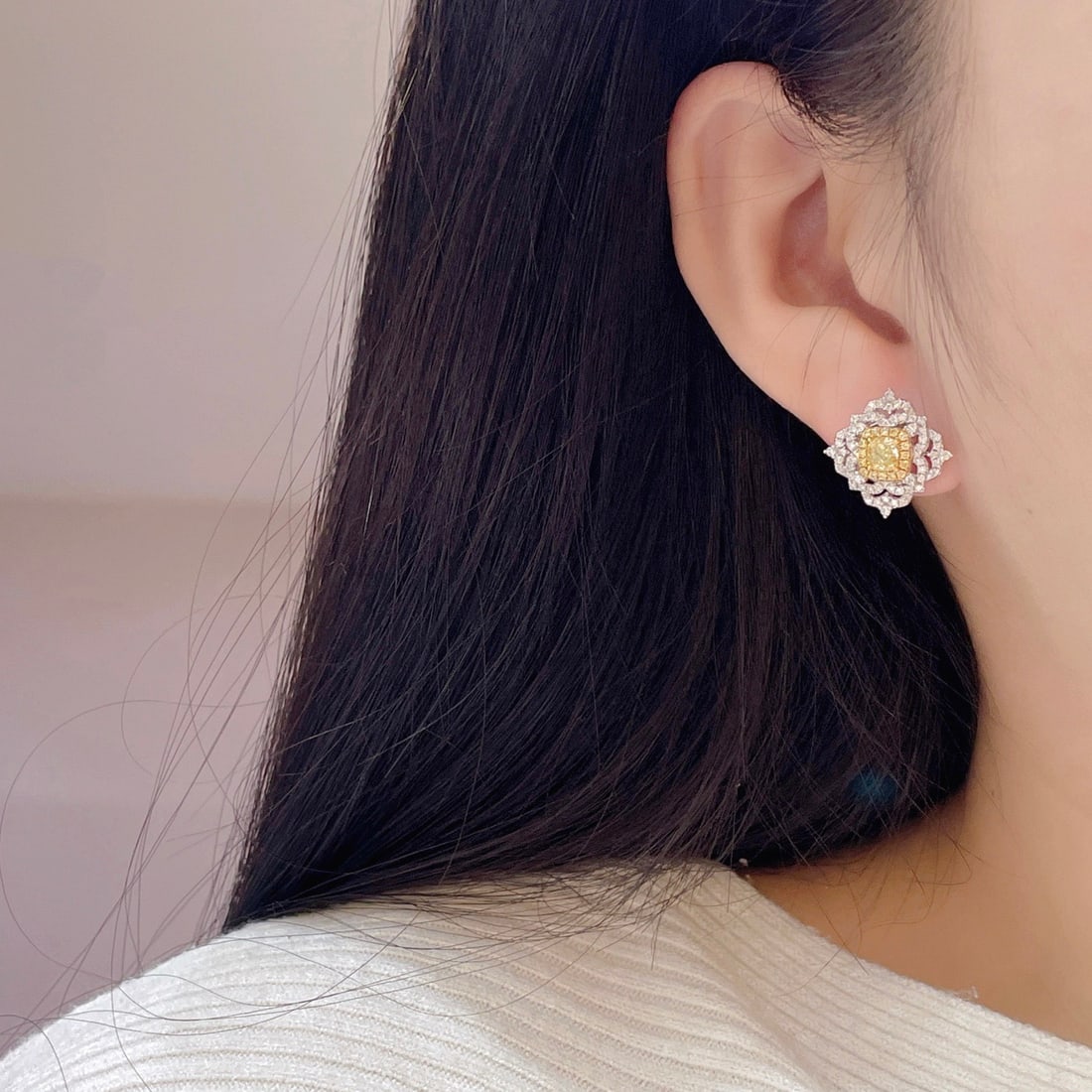 14k Gold 0.70 Ctw Natural Yellow Diamond & Diamond Earrings - 6