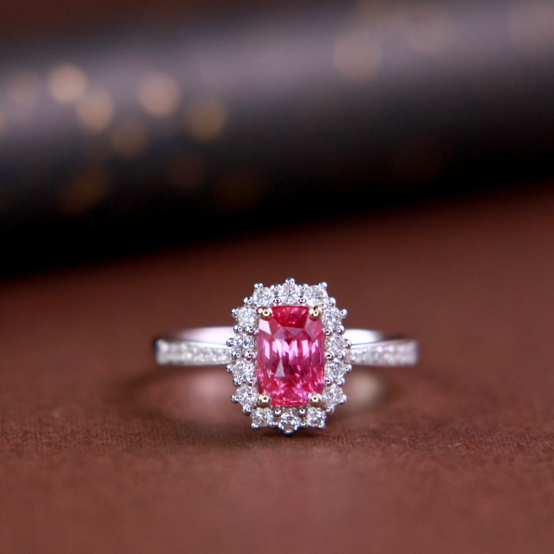 14k Gold 1.81 Ctw Natural Padparadscha Sapphire & Diamond Ring: Ref:231144151 // gold content:14k gold // ring size:7. 25us // // main gemstone:padparadscha sapphire // shape:cushion // carat weight:1. 5ct // color:orangish pink // treatment:natural // //