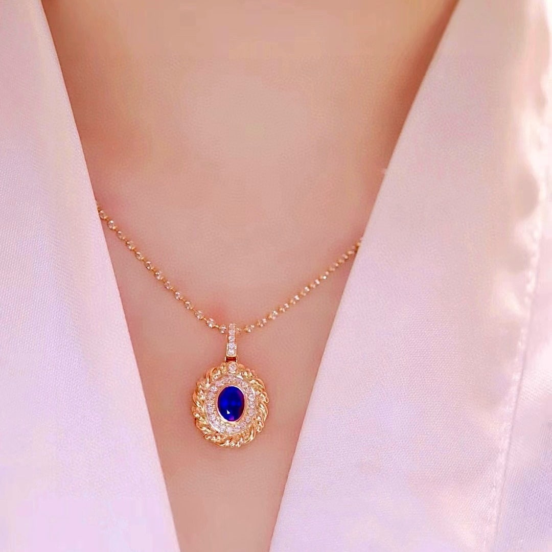 14k Gold 0.94 Ctw Natural Sapphire & Diamond Pendant( Without Chain ) - 7