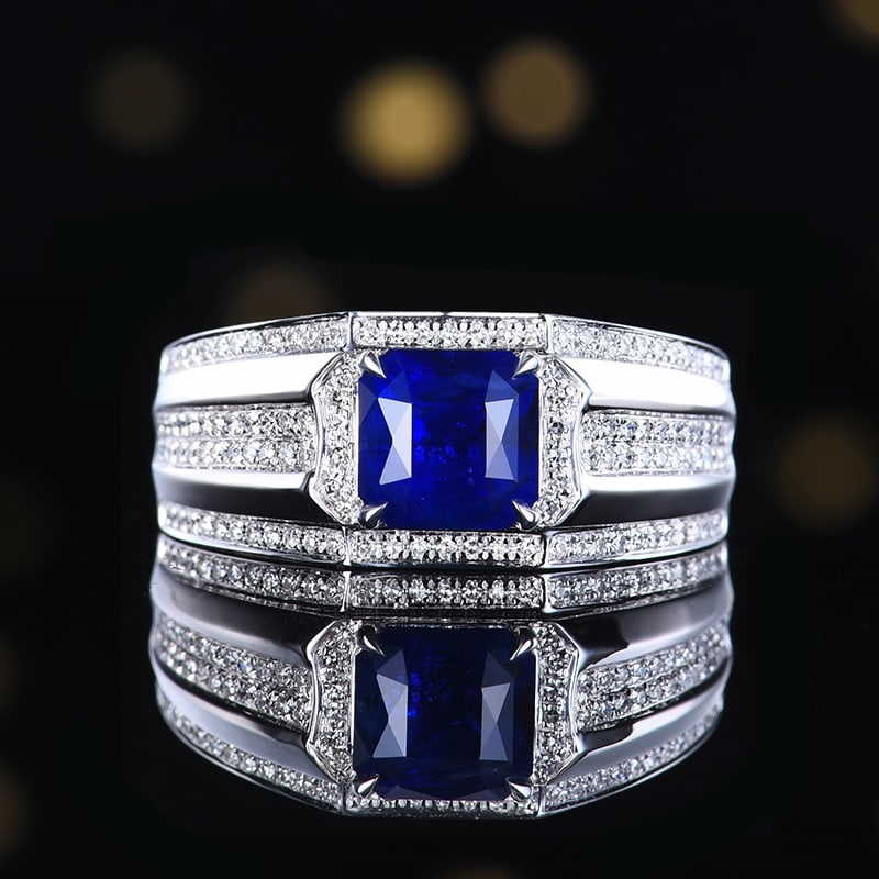 14k Gold 2.71 Ctw Natural Sapphire & Diamond & Men¡¯s Ring: Ref:231144157 // gold content:14k gold // ring size:8us // // main gemstone:sapphire // shape:octagonal // carat weight:2. 41ct // color:blue // treatment:natural // // adjacent gemstone 2 :