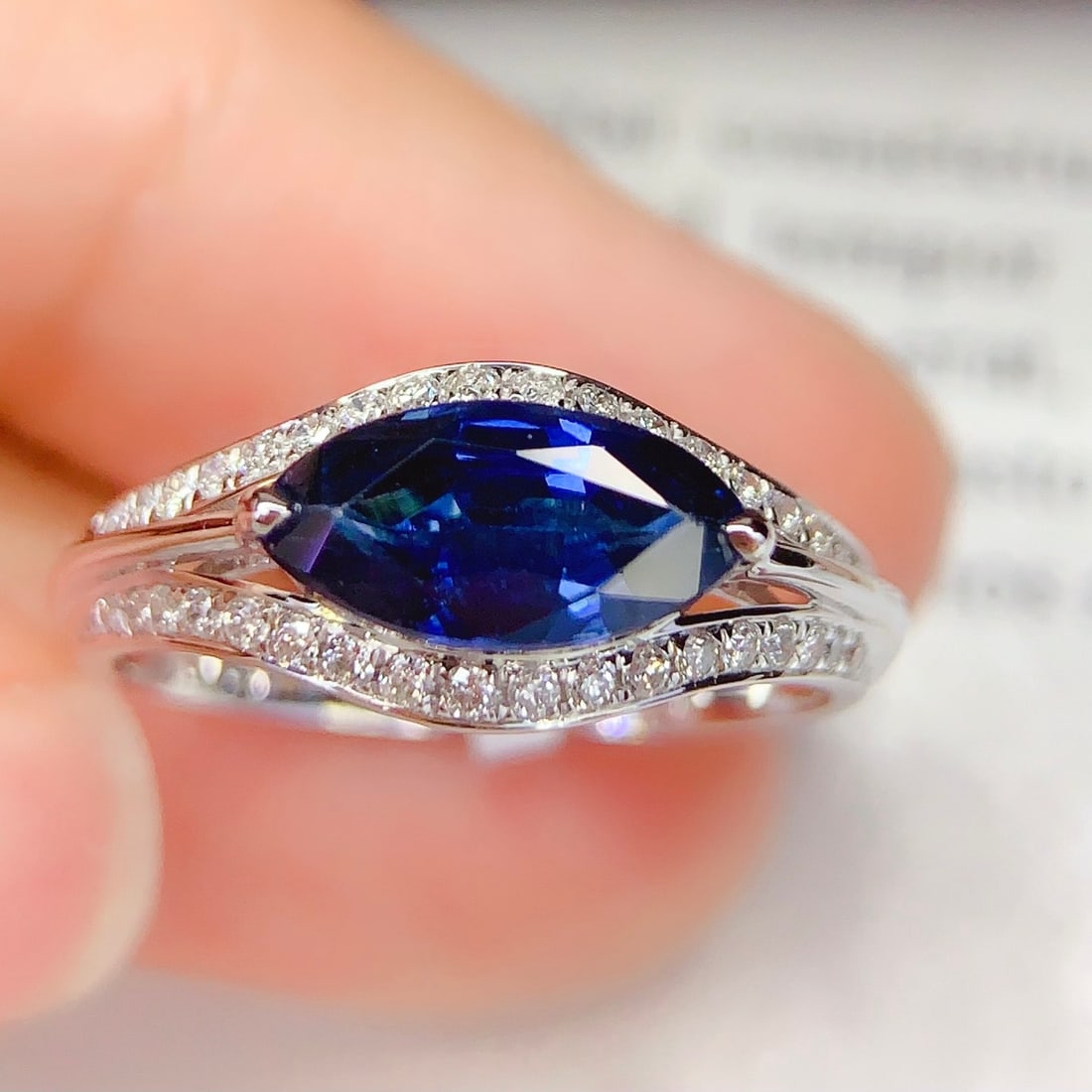 14k Gold 1.58 Ct Natural Sapphire & Diamond Ring: Ref:231144160 // gold content:14k gold // ring size:7. 25us // // main gemstone:sapphire // shape:marquise // carat weight:1. 58ct // color:blue // treatment:natural // // adjacent gemstone 2 :