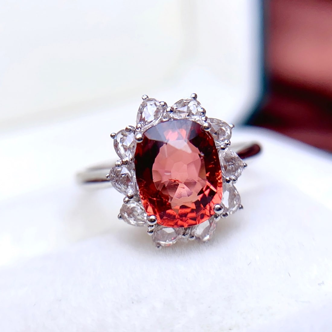 14k Gold 2.45 Ct Natural Tourmaline & Sapphire Ring: Ref:231144172 // gold content:14k gold // ring size:7. 25us // // main gemstone:tourmaline // shape:cushion // carat weight:2. 45ct // color:red // treatment:natural // // adjacent gemstone 2 :