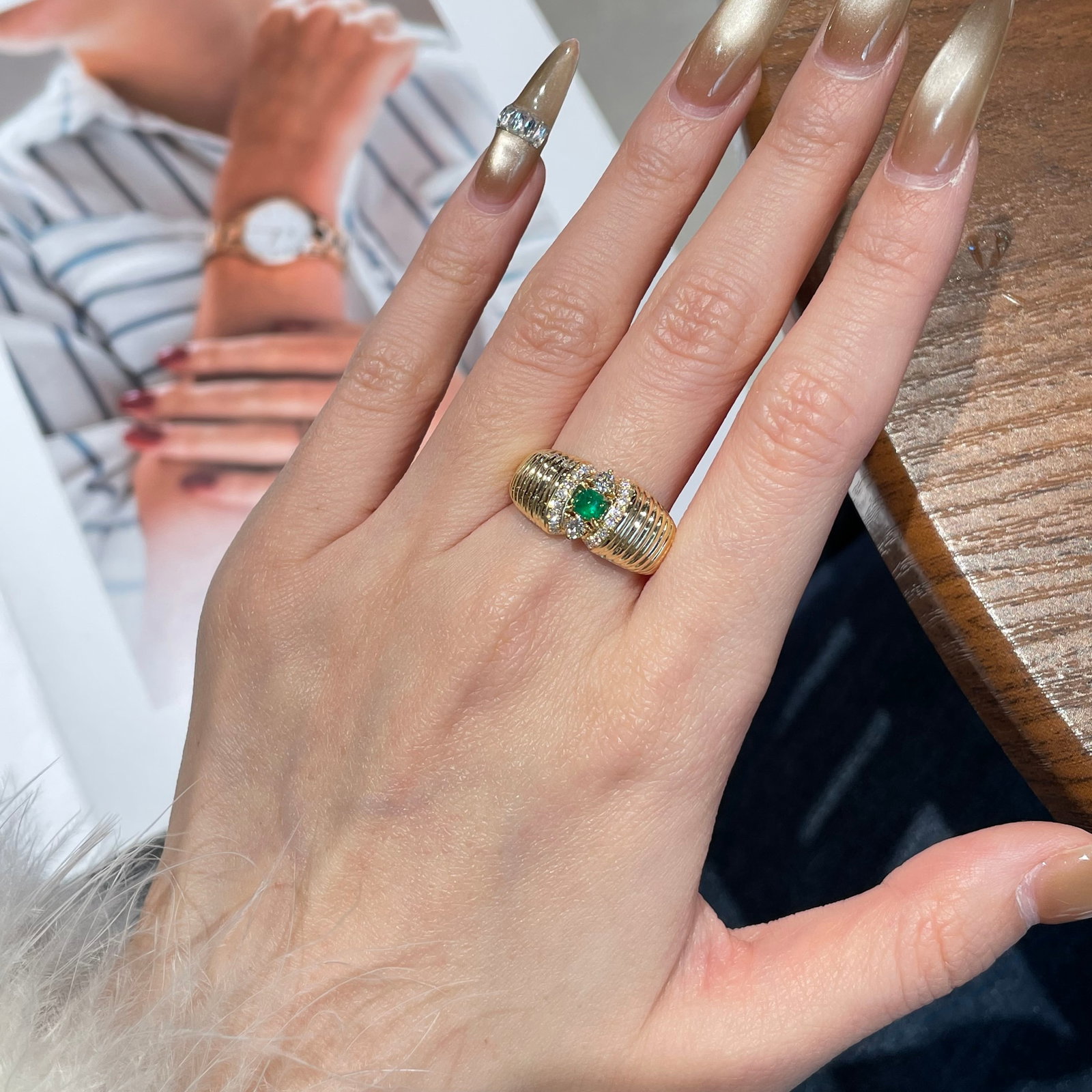 14k Gold 0.21 Ct Natural Emerald & Diamond Ring - 4