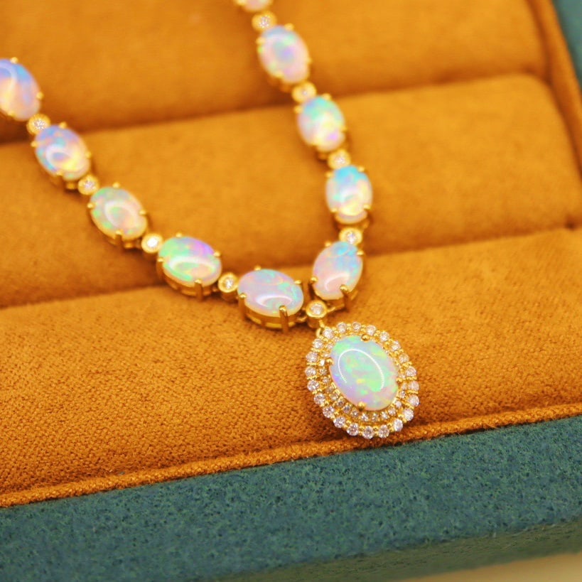 14k Gold 5.78 Ctw Natural Opal & Diamond Necklace - 2