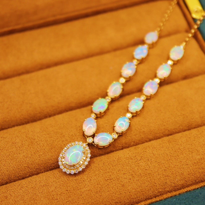 14k Gold 5.78 Ctw Natural Opal & Diamond Necklace - 3