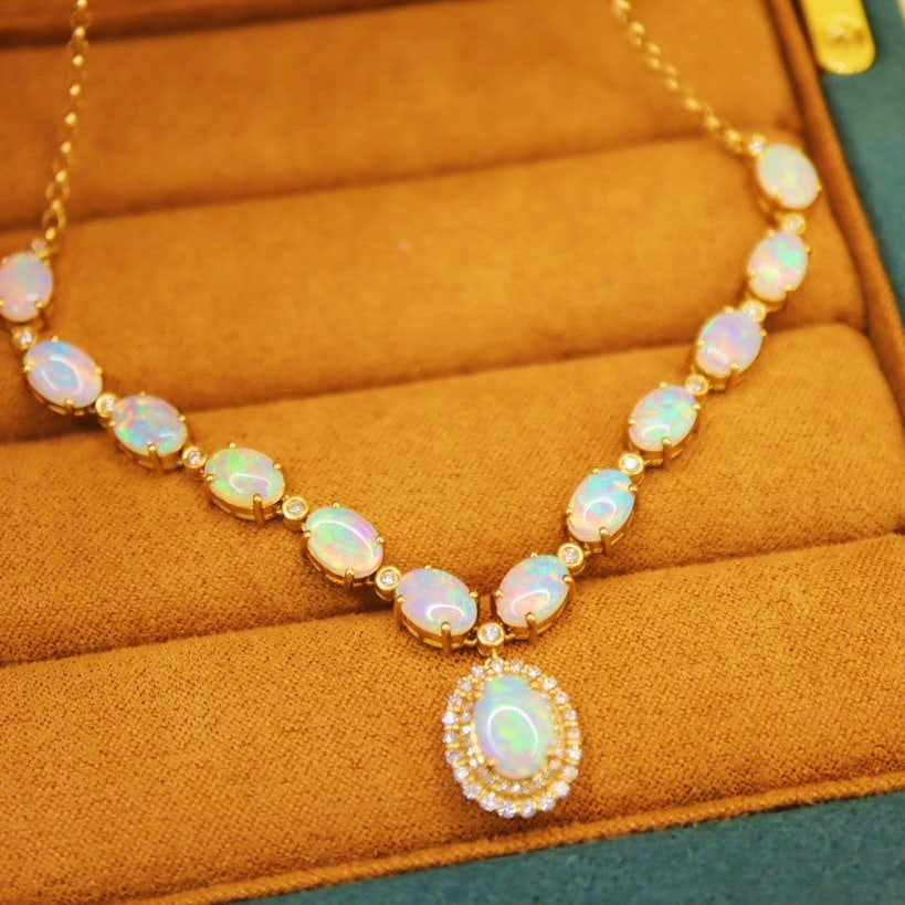 14k Gold 5.78 Ctw Natural Opal & Diamond Necklace - 4