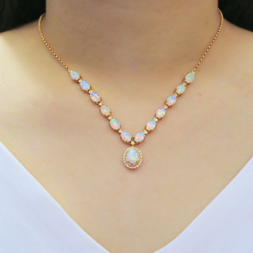 14k Gold 5.78 Ctw Natural Opal & Diamond Necklace - 6