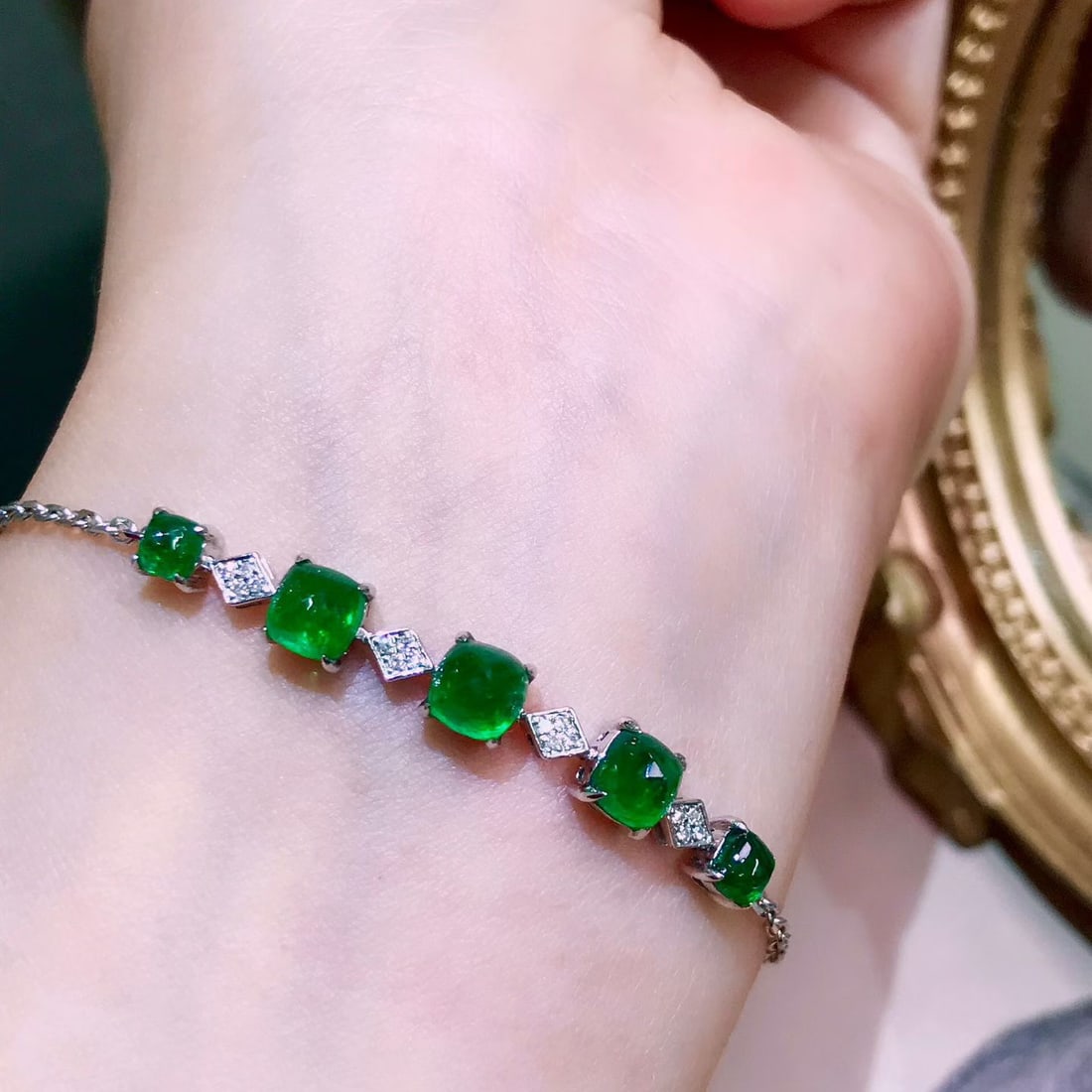 14k Gold 2.4 Ct Natural Emerald & Diamond Bracelet - 4
