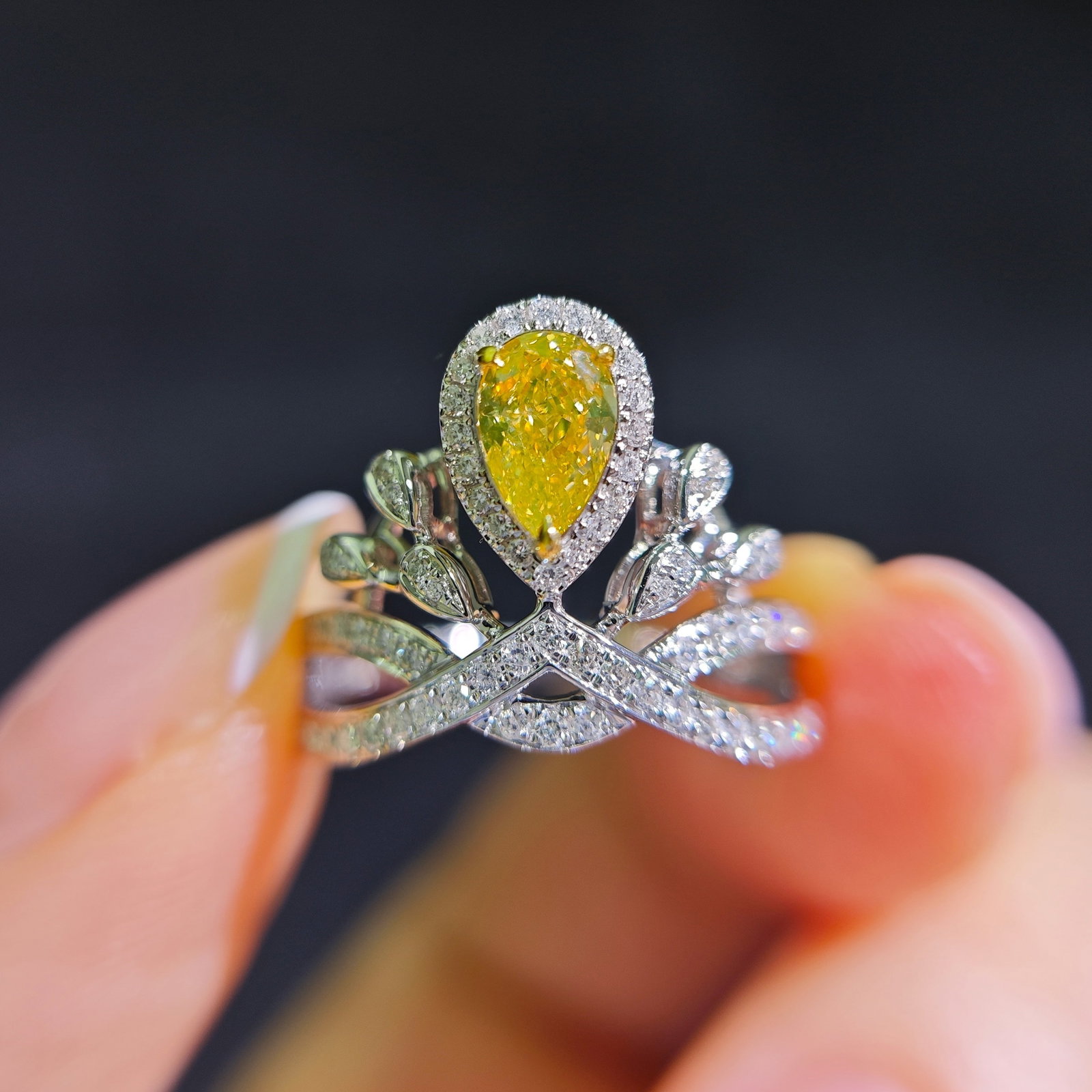 14k Gold 0.57 Ct Natural Yellow Diamond & Diamond Ring: Ref:231144225 // gold content:14k gold // ring size:7. 25us // // main gemstone:yellow diamond // shape:pear // carat weight:0. 57ct // color:yellow // treatment:natural // // adjacent gemstone 2