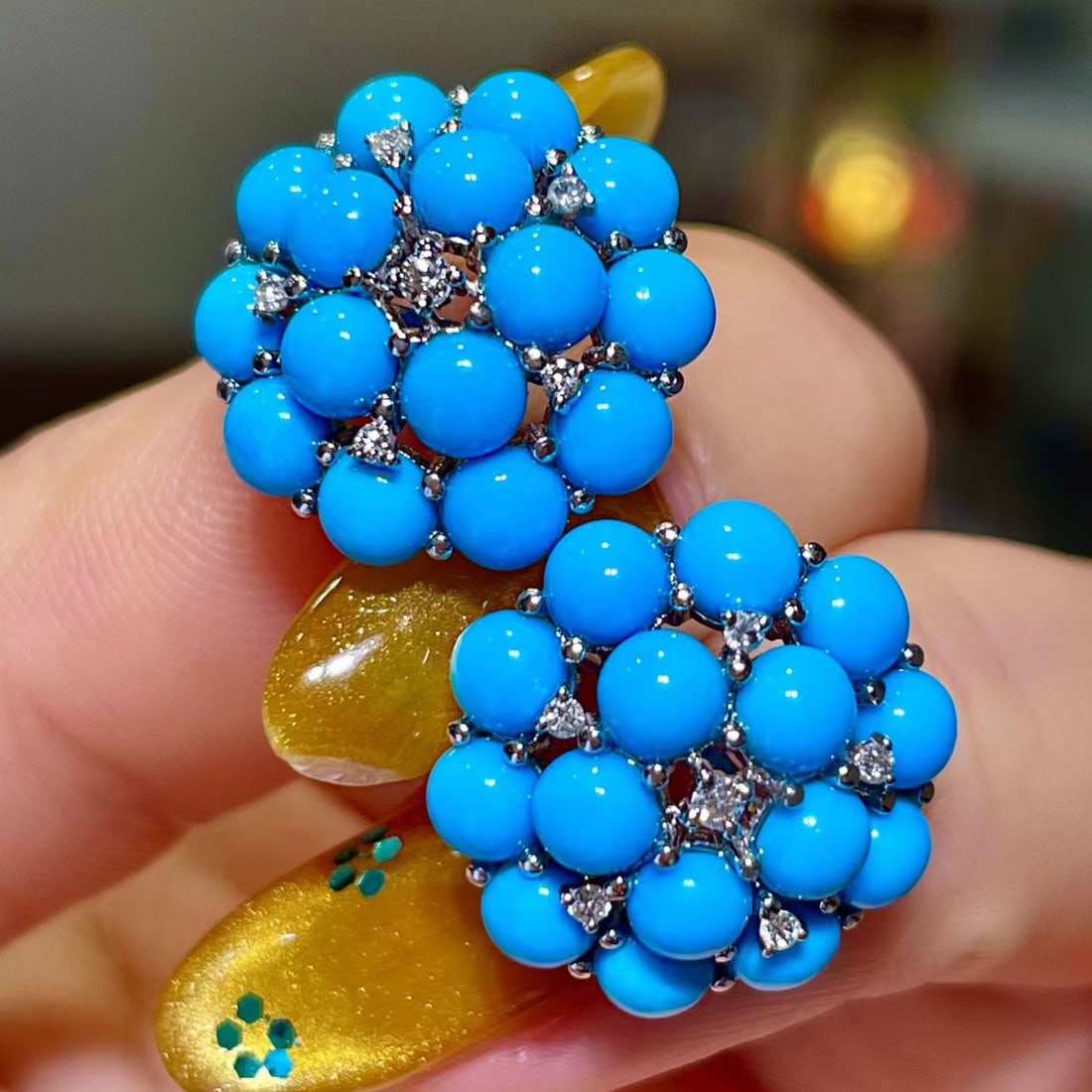 14k Gold 9.22 Ctw Natural Blue Turquoise & Diamond Earrings - 2