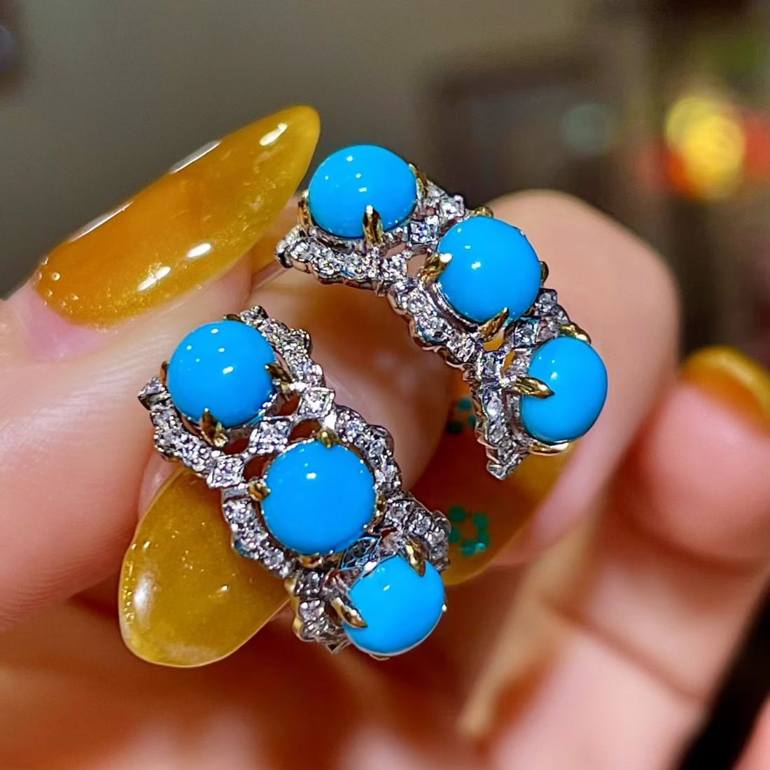 14k Gold 3.54 Ctw Natural Blue Turquoise & Diamond Earrings - 2