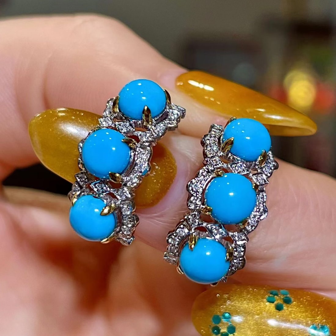 14k Gold 3.54 Ctw Natural Blue Turquoise & Diamond Earrings - 3