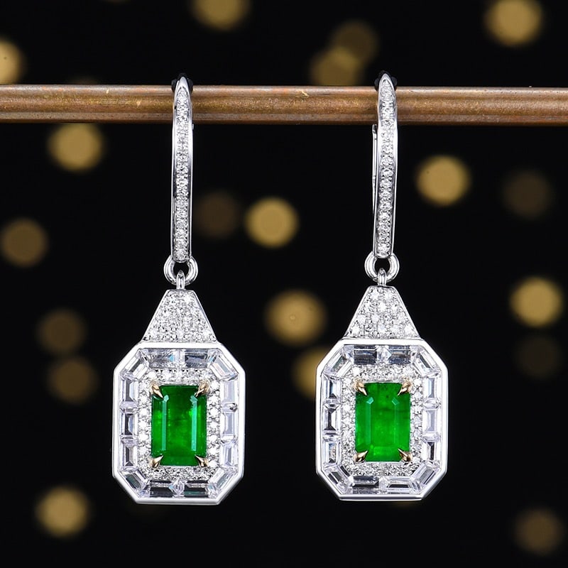 14k Gold 1.56 Ctw Vivid Green Natural Emerald & Diamond Earrings: Ref:231144236 // gold content:14k gold // main gemstone:emerald // shape:octagonal // carat weight:1. 3ct // color:vivid green // treatment:natural // // adjacent gemstone 2 : diamond // number of