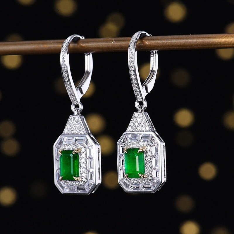 14k Gold 1.56 Ctw Vivid Green Natural Emerald & Diamond Earrings - 2