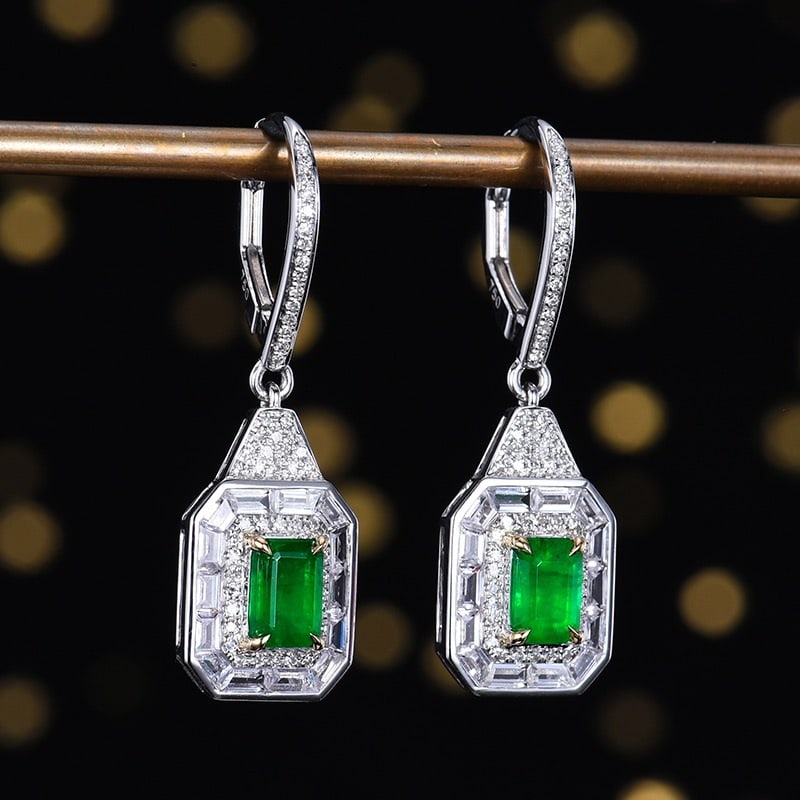 14k Gold 1.56 Ctw Vivid Green Natural Emerald & Diamond Earrings - 3