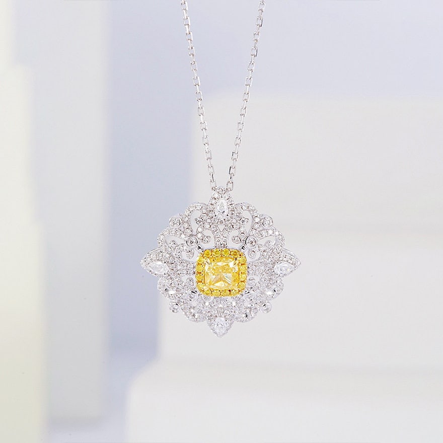 14k Gold 1.05 Ctw Natural Yellow Diamond & Diamond Necklace: Ref:231144262 // gold content:14k gold // main gemstone:yellow diamond // shape:cushion // carat weight:0. 50ct // color:yellow // treatment:natural // // adjacent gemstone 2 : diamond //