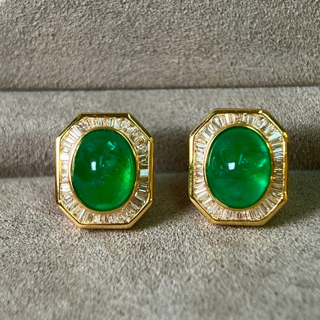 14k Gold 4.69 Ctw Vivid Green Natural Emerald & Diamond Earrings - 2