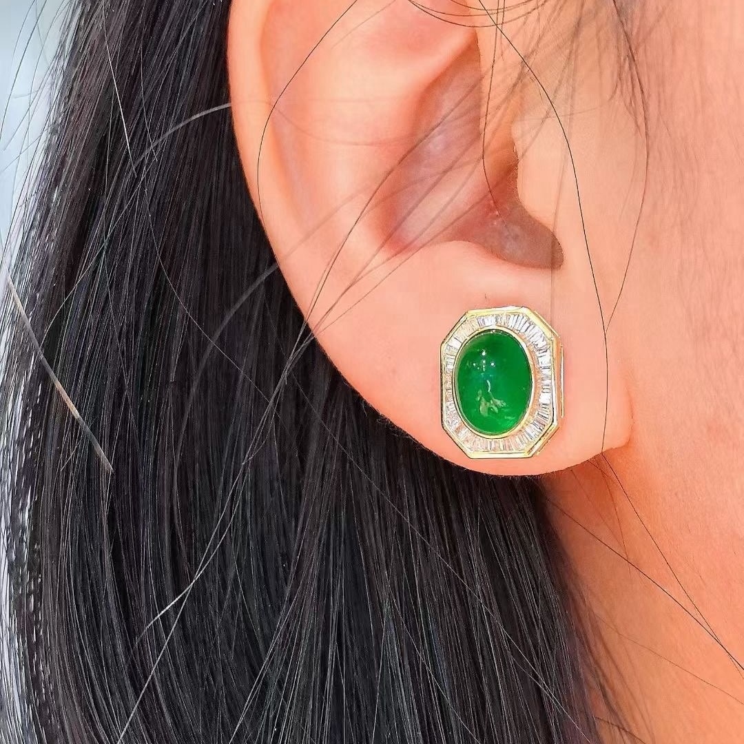 14k Gold 4.69 Ctw Vivid Green Natural Emerald & Diamond Earrings - 4