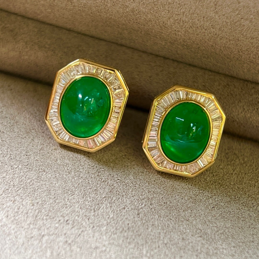 14k Gold 4.69 Ctw Vivid Green Natural Emerald & Diamond Earrings - 5