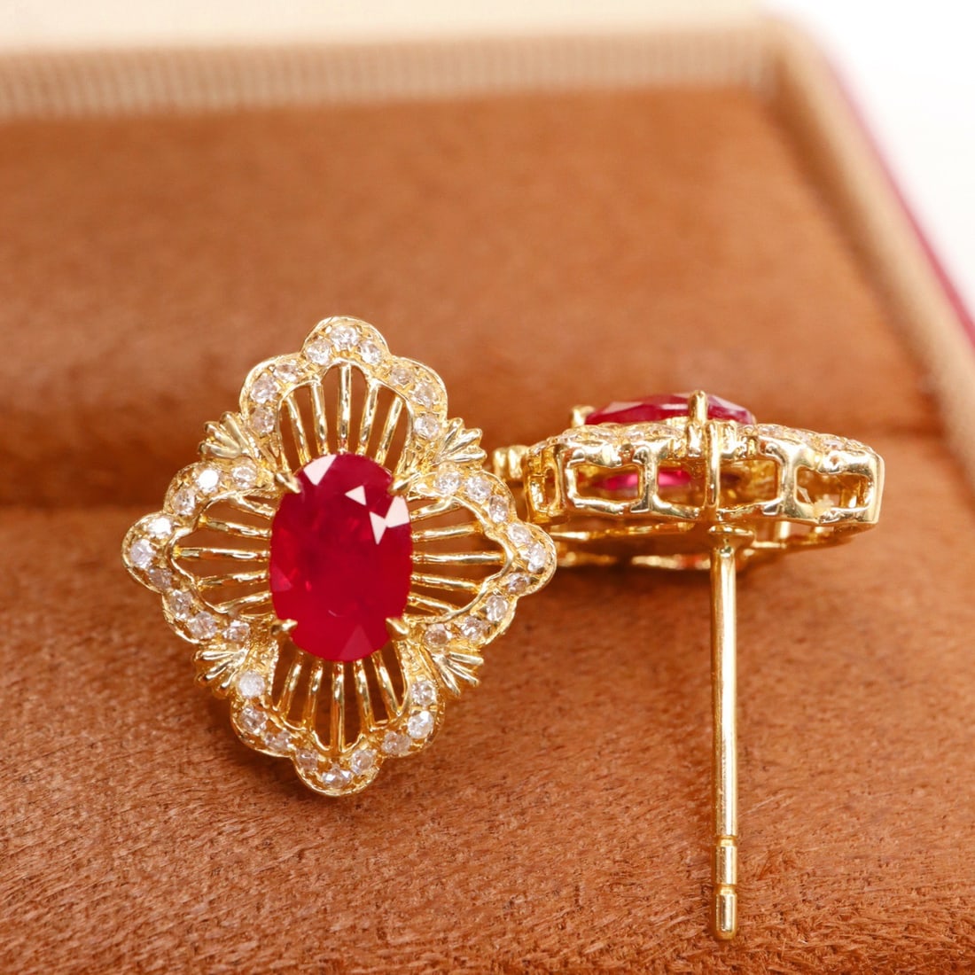 14k Gold 1.44 Ctw Vivid Red Natural Ruby & Diamond Earrings - 2