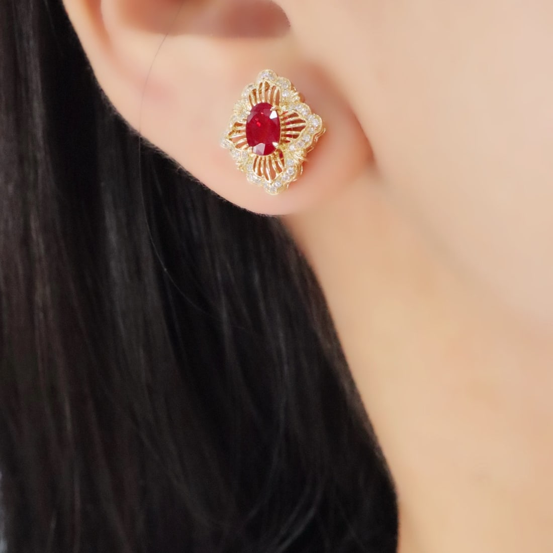 14k Gold 1.44 Ctw Vivid Red Natural Ruby & Diamond Earrings - 5