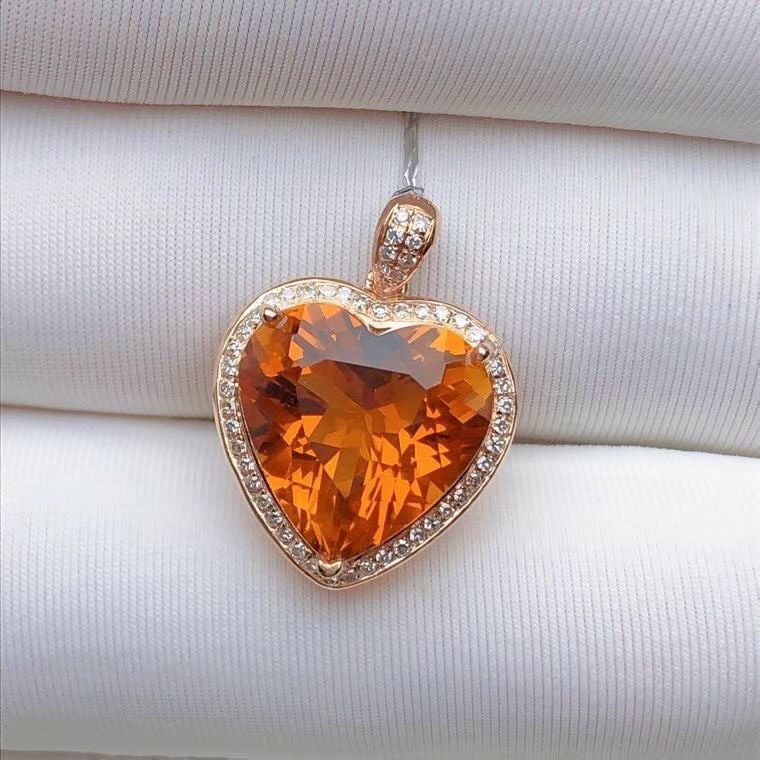 14k Gold 5.20 Ct Natural Citrine & Diamond Pendant( Without Chain ): Ref:231144310 // gold content:14k gold // main gemstone:citrine // shape:heart // carat weight:5. 20ct // color:yellow // treatment:natural // // adjacent gemstone 2 : diamond // number of
