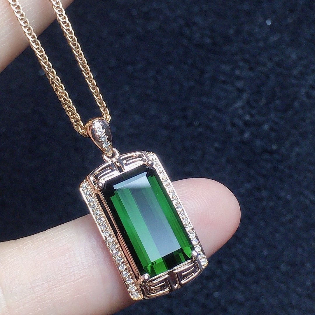 14k Gold 5.35 Ct Natural Tourmaline & Diamond Pendant( Without Chain ) - 2