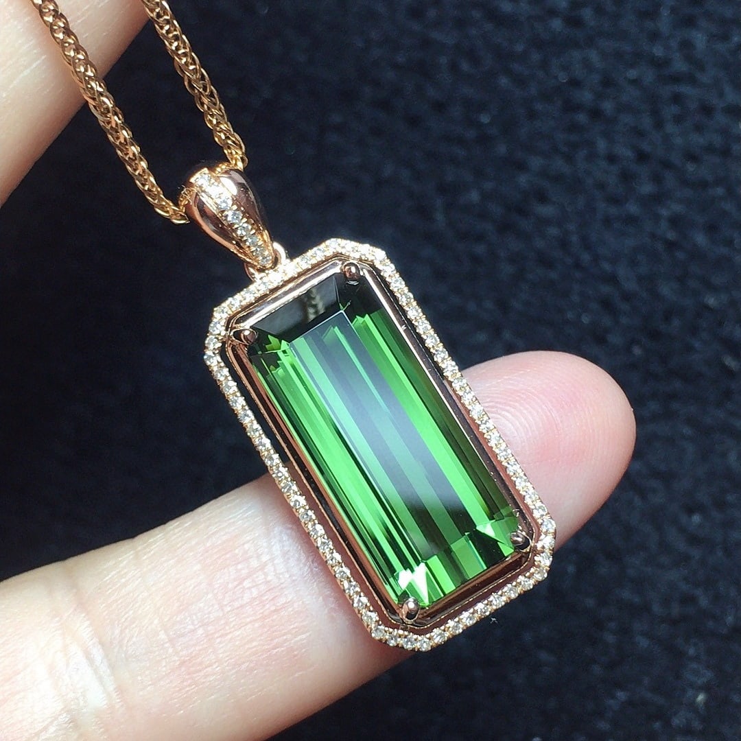 14k Gold 7.0 Ct Natural Tourmaline & Diamond Pendant( Without Chain ) - 2