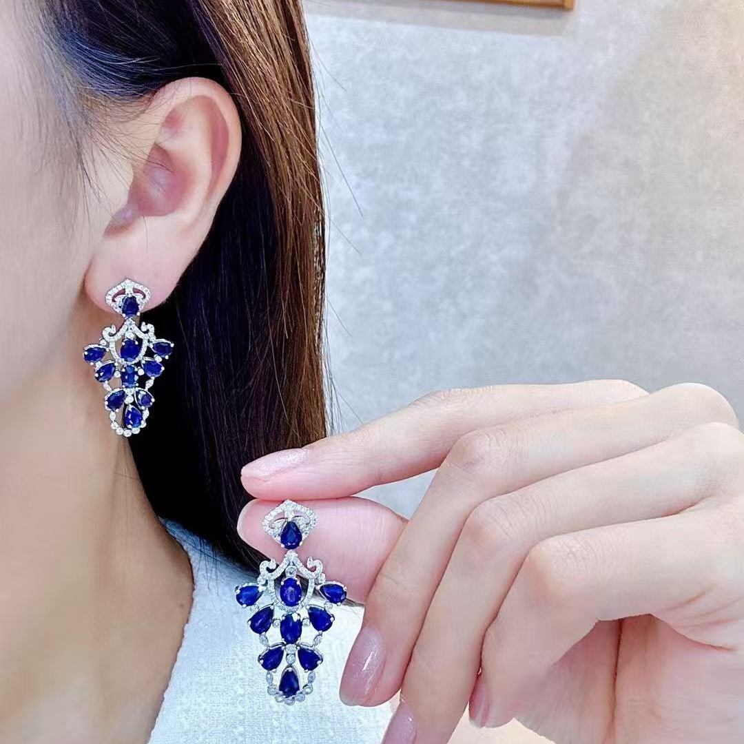 14k Gold 11.19 Ctw Natural Sapphire & Diamond Earrings - 4