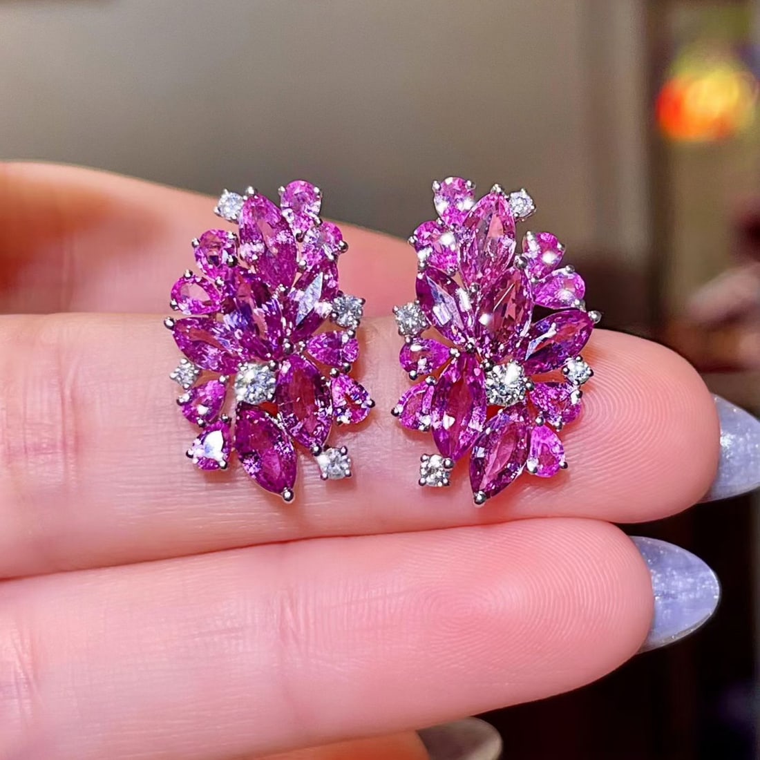 14k Gold 6.41 Ctw Natural Sapphire & Diamond Earrings: Ref:231144396 // gold content:14k gold // main gemstone:sapphire // shape:multiple // carat weight:6. 08ct // color:purple // treatment:natural // // adjacent gemstone 2 : diamond // shape:round //