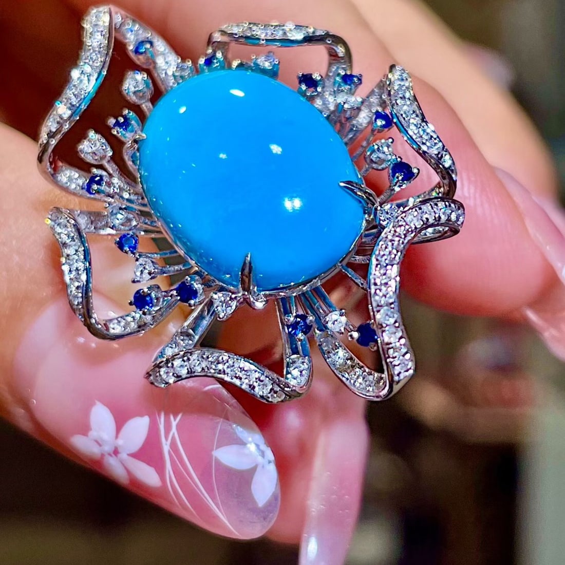 14k Gold 10.26 Ctw Natural Blue Turquoise & Diamond Ring - 2