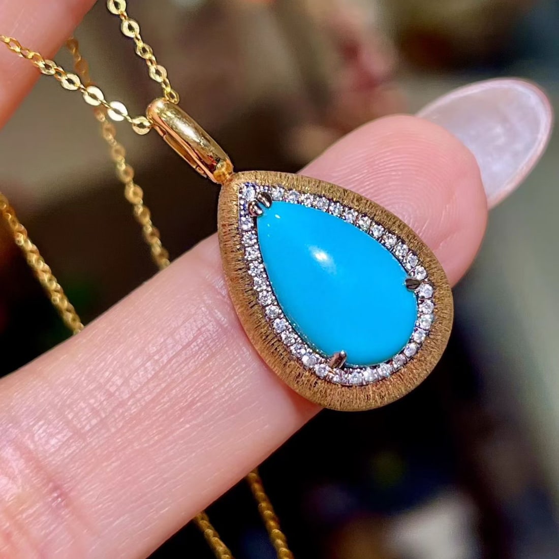 14k Gold 2.53 Ctw Natural Blue Turquoise & Diamond Pendant( Without Chain ) - 2