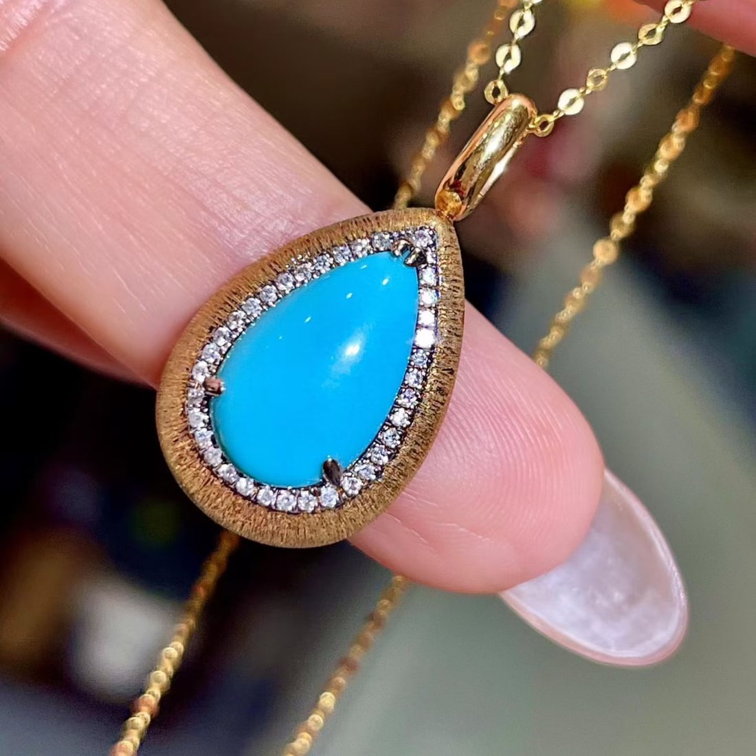 14k Gold 2.53 Ctw Natural Blue Turquoise & Diamond Pendant( Without Chain ) - 3