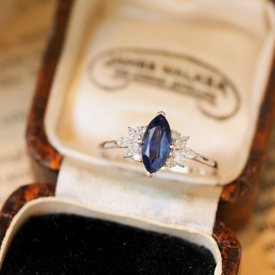 14k Gold 1.61 Ctw Natural Sapphire & Diamond Ring: Ref:231144424 // gold content:14k gold // ring size:7. 25us // // main gemstone:sapphire // shape:marquise // carat weight:1. 36ct // color:blue // treatment:natural // // adjacent gemstone 2 :