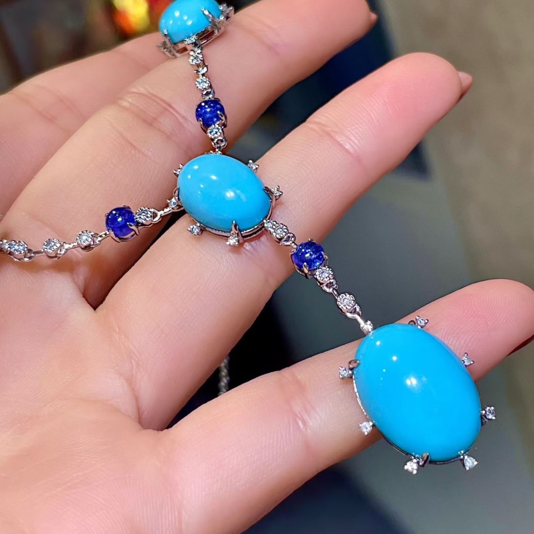 14k Gold 37.20 Ctw Natural Blue Turquoise & Sapphire Necklace - 2