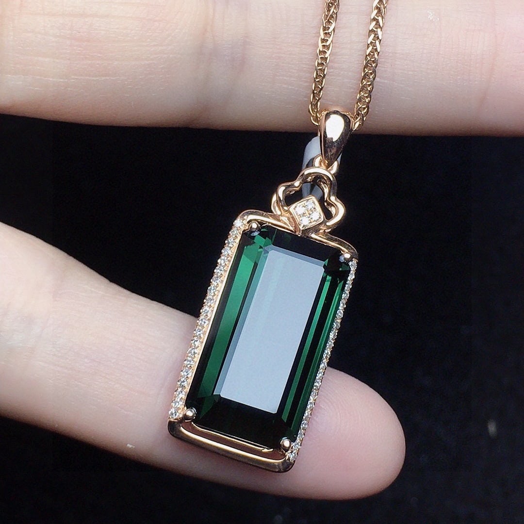 14k Gold 8.77 Ct Natural Tourmaline & Diamond Pendant( Without Chain ) - 2