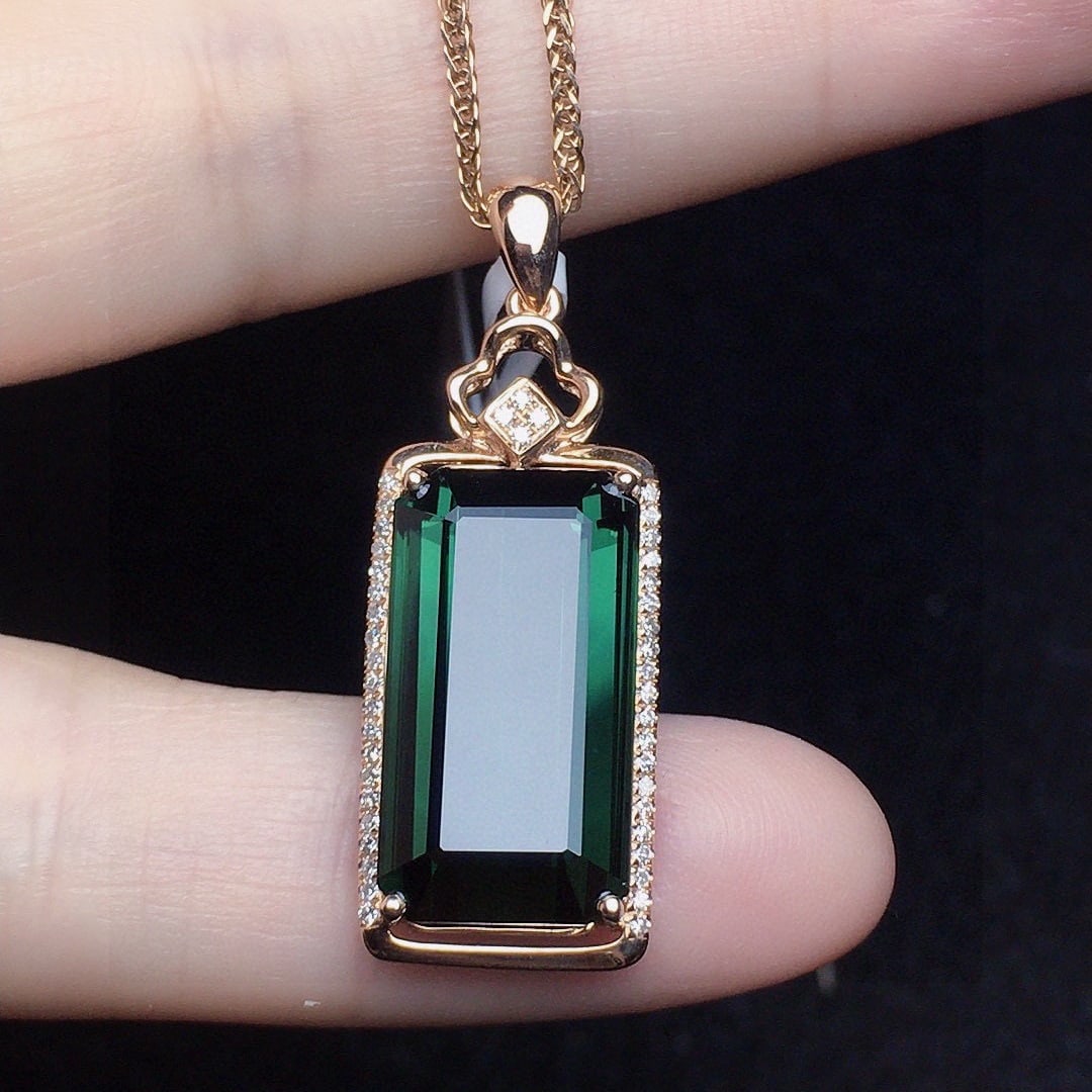 14k Gold 8.77 Ct Natural Tourmaline & Diamond Pendant( Without Chain ) - 3