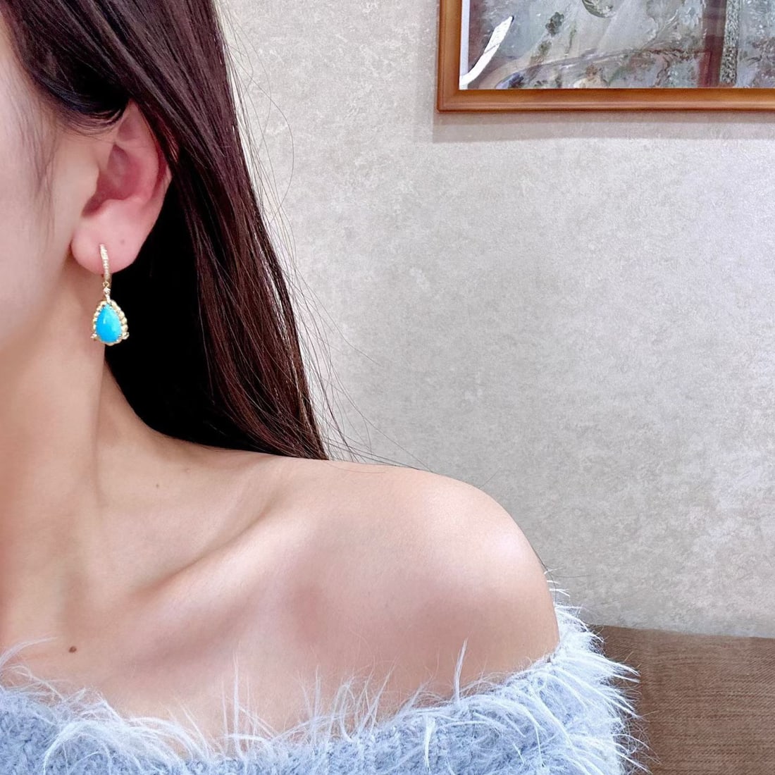 14k Gold 5.63 Ctw Natural Blue Turquoise & Diamond Earrings - 2