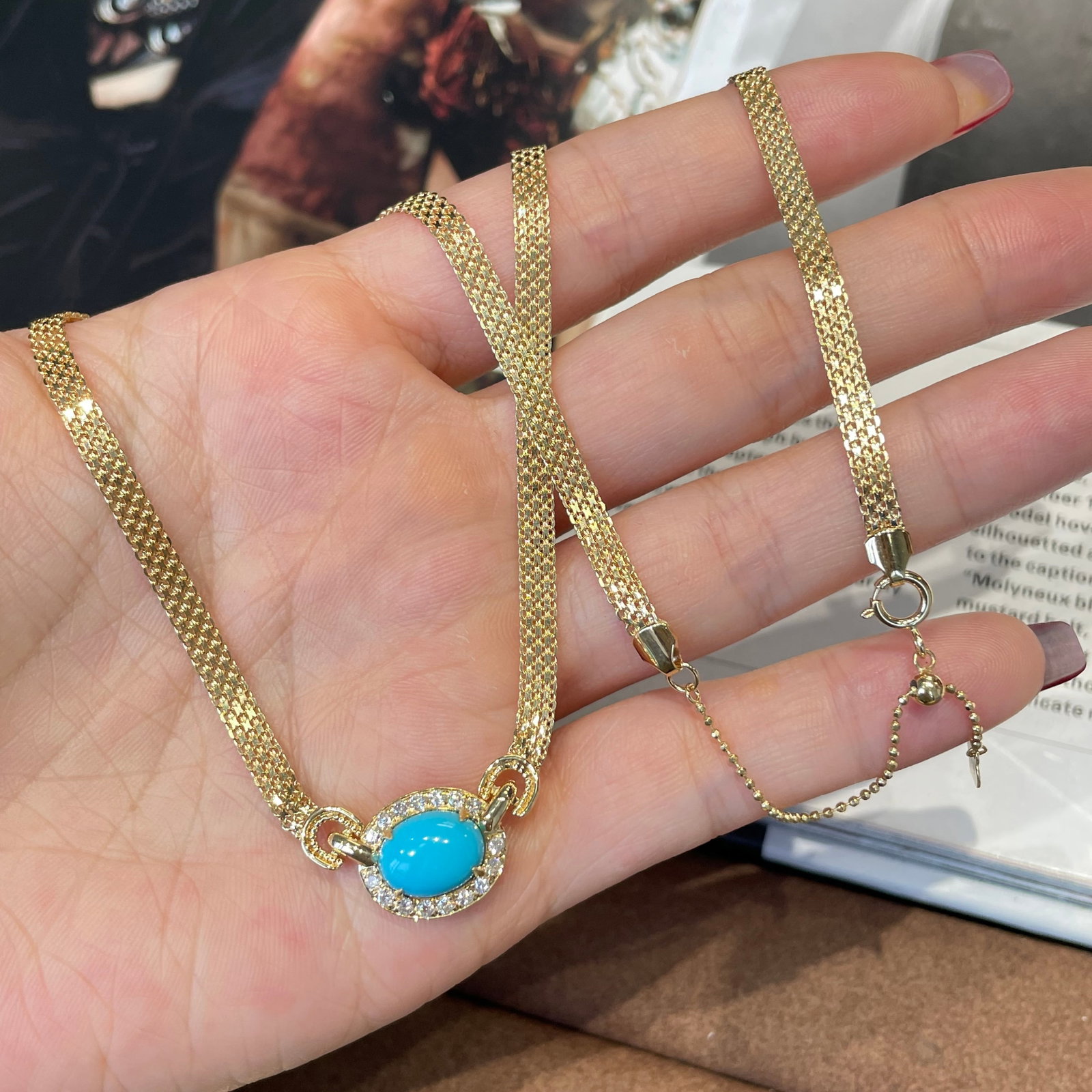 14k Gold 1.97 Ct Natural Blue Turquoise & Diamond Necklace - 3
