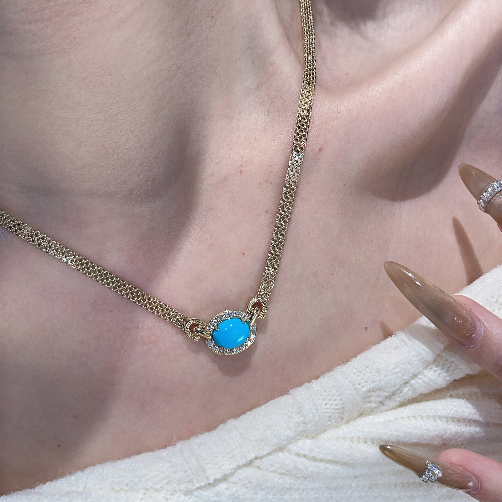 14k Gold 1.97 Ct Natural Blue Turquoise & Diamond Necklace - 4