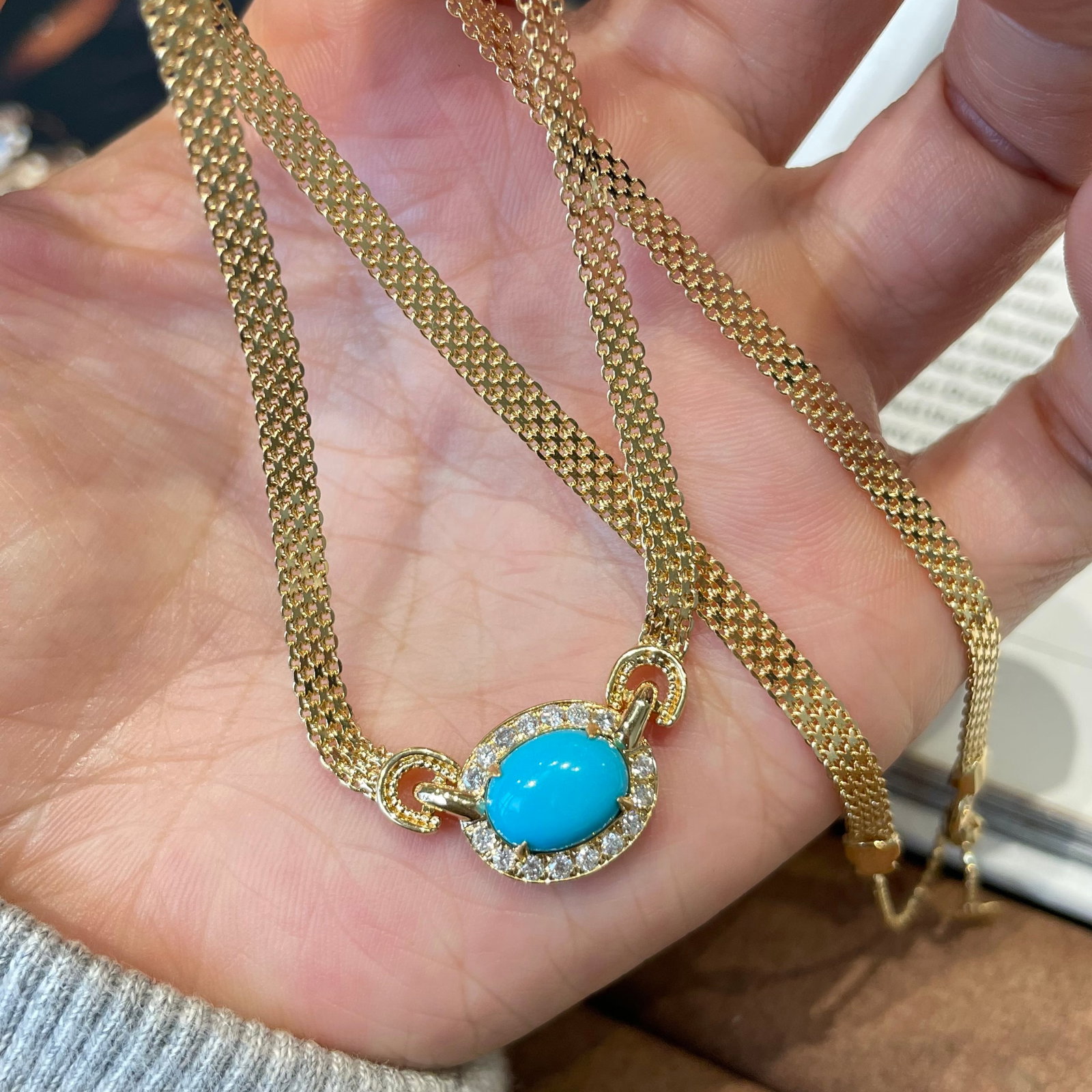 14k Gold 1.97 Ct Natural Blue Turquoise & Diamond Necklace - 6