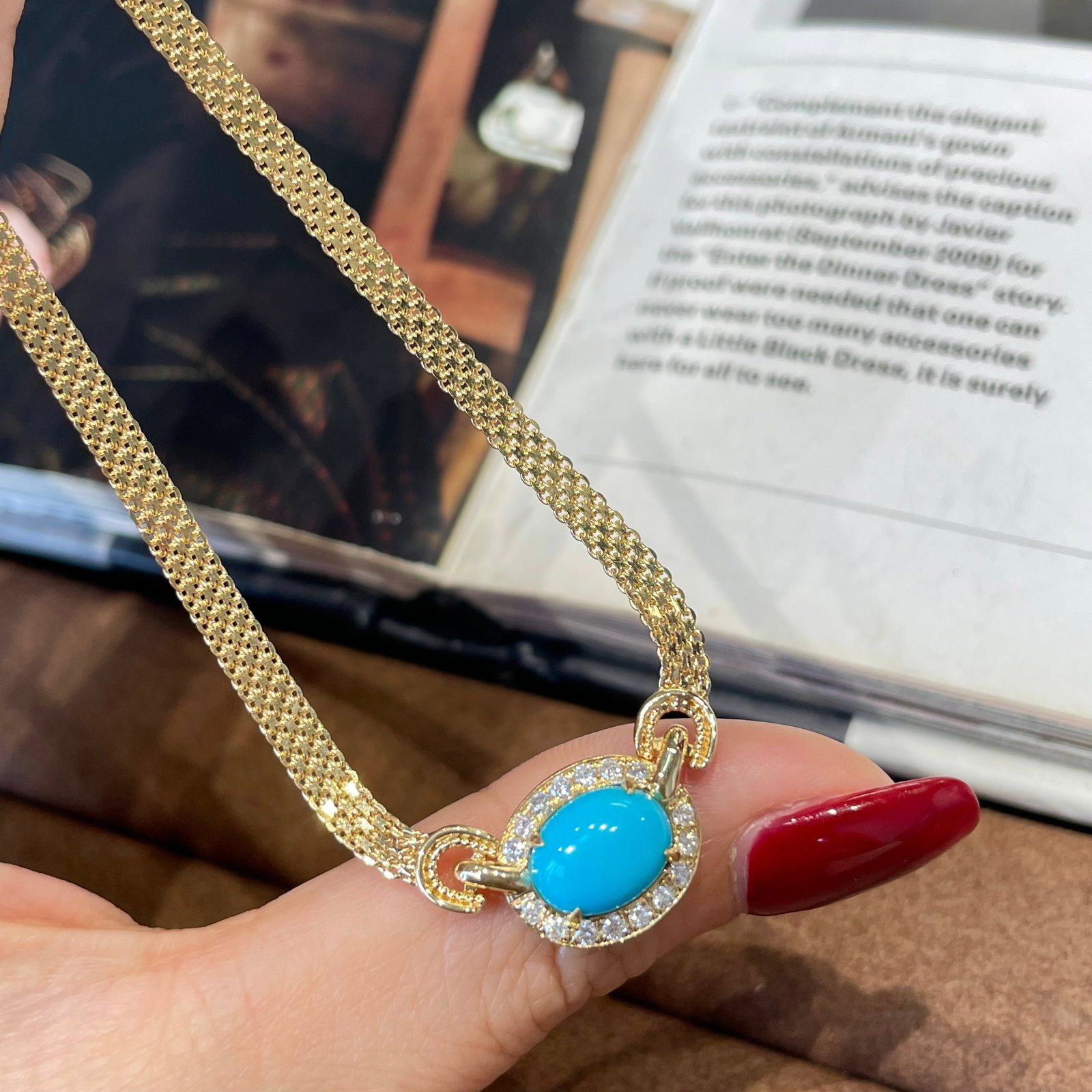 14k Gold 1.97 Ct Natural Blue Turquoise & Diamond Necklace - 8