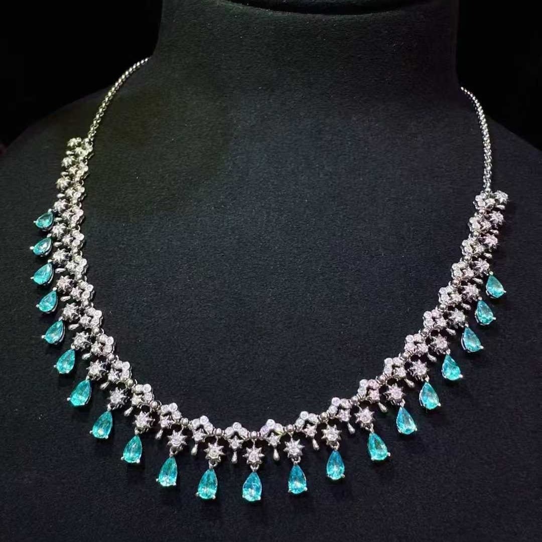 14k Gold 4.86 Ctw Natural Paraiba Tourmaline & Diamond Necklace - 2