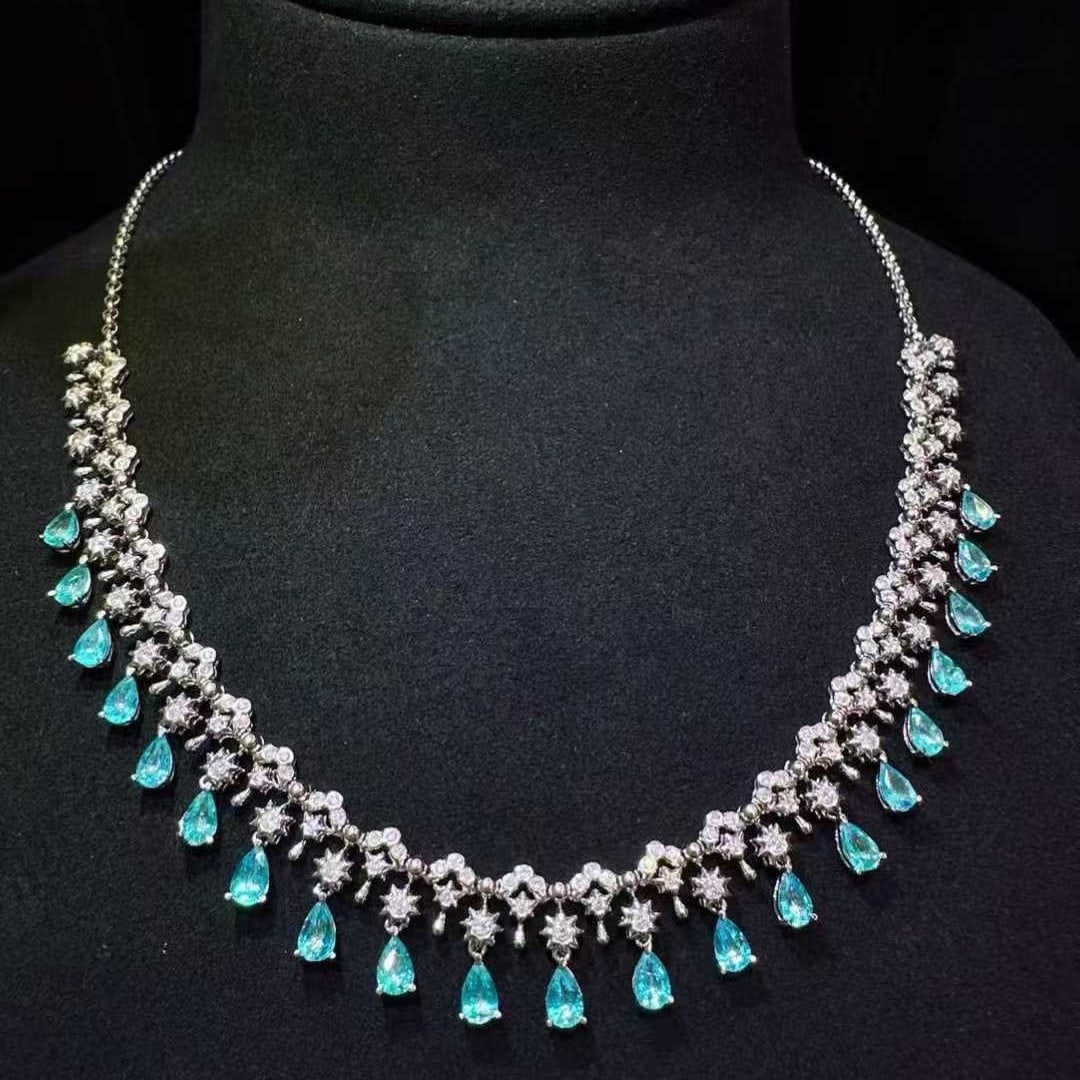 14k Gold 4.86 Ctw Natural Paraiba Tourmaline & Diamond Necklace - 3