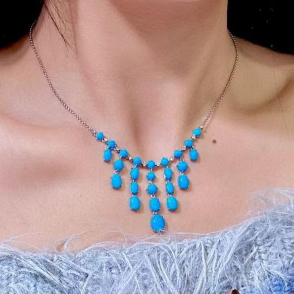 14k Gold 13.37 Ctw Natural Blue Turquoise & Diamond Necklace - 4