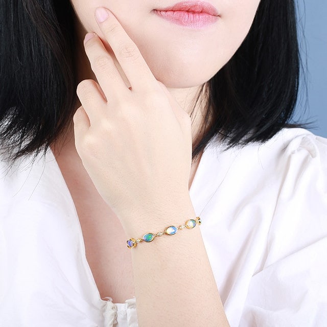 14k Gold 2.70 Ctw Natural Opal & Diamond Bracelet - 6