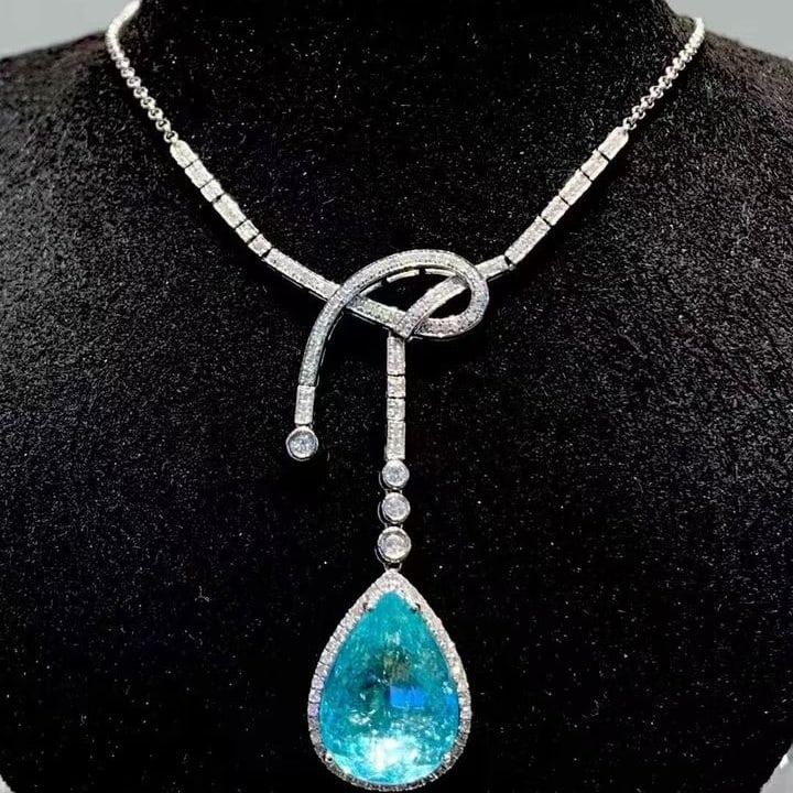 14k Gold 8.54 Ct Natural Paraiba Tourmaline & Diamond Necklace - 3