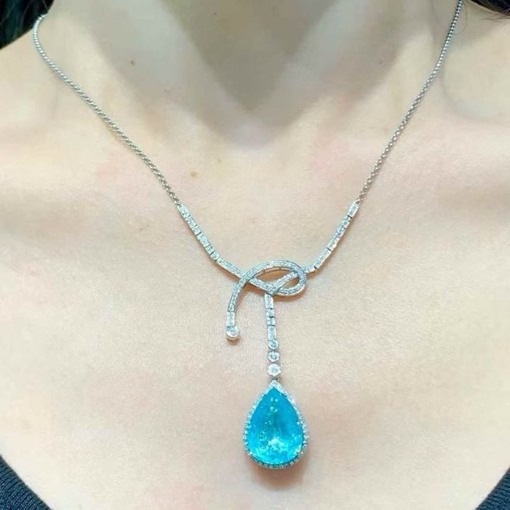 14k Gold 8.54 Ct Natural Paraiba Tourmaline & Diamond Necklace - 5